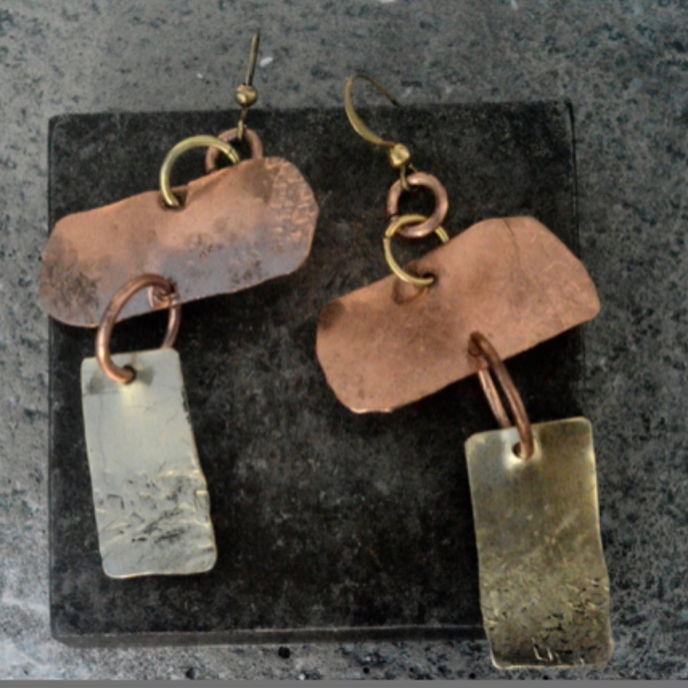 Brutalist Earrings Copper Brass Rustic Statement - Picture 1 of 8